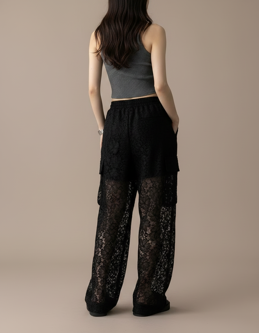 Pantalon Noir Dentelle Transparent Ample Femme - Polyester - vue 2