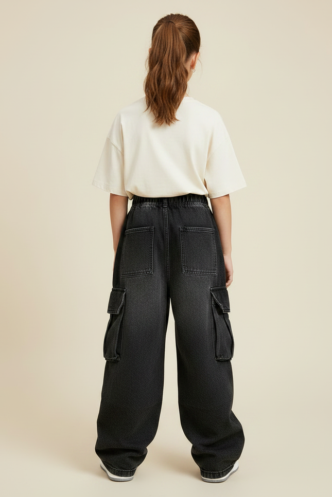 Pantalon Noir Cargo Denim Ample Fille - Jean - vue 2