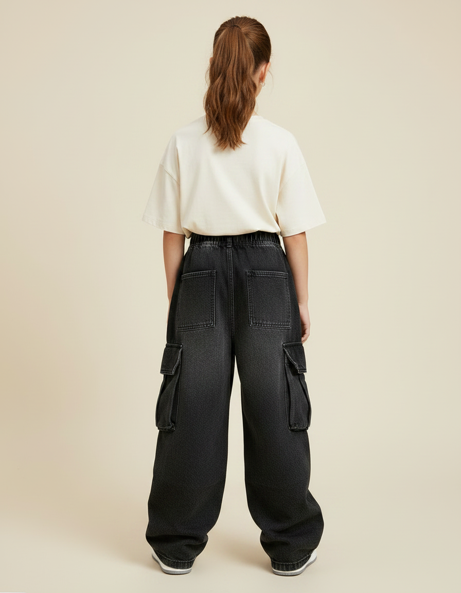 Pantalon Noir Cargo Denim Ample Fille - Jean - vue 2