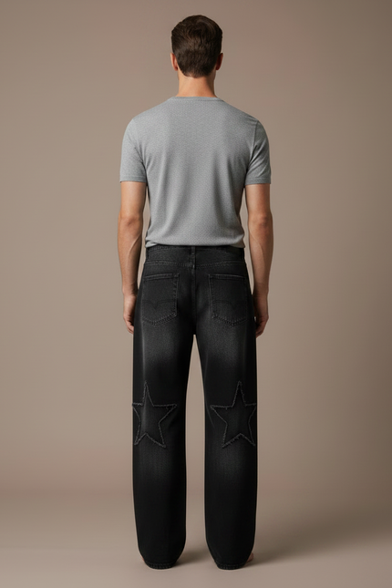 Pantalon Noir Étoiles Brodé Ample Décontracté Homme - Jean - vue 2