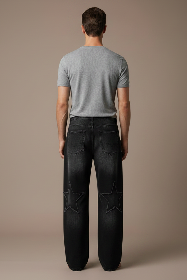 Pantalon Noir Étoiles Brodé Ample Décontracté Homme - Jean - vue 2