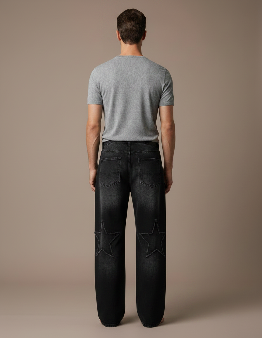 Pantalon Noir Étoiles Brodé Ample Décontracté Homme - Jean - vue 2