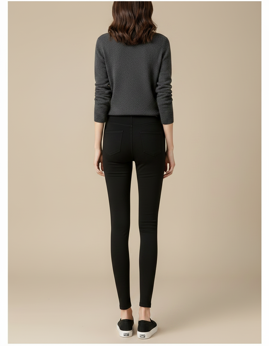 Pantalon Noir Ajusté Confortable Élastique Femme Taille Haute - Molleton - vue 2