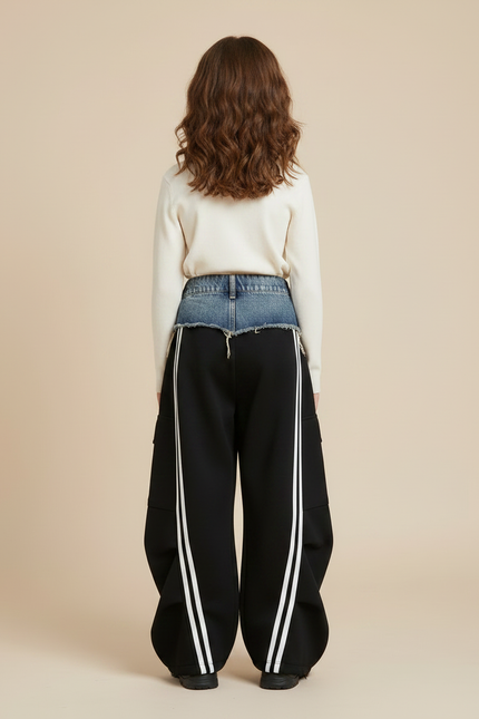 Pantalon Noir Cargo Ample Rayures Blanches Fille - Molleton - vue 2