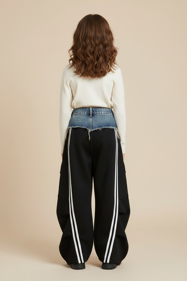 Pantalon Noir Cargo Ample Rayures Blanches Fille - Molleton - vue 2