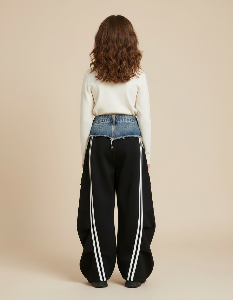 Pantalon Noir Cargo Ample Rayures Blanches Fille - Molleton - vue 2