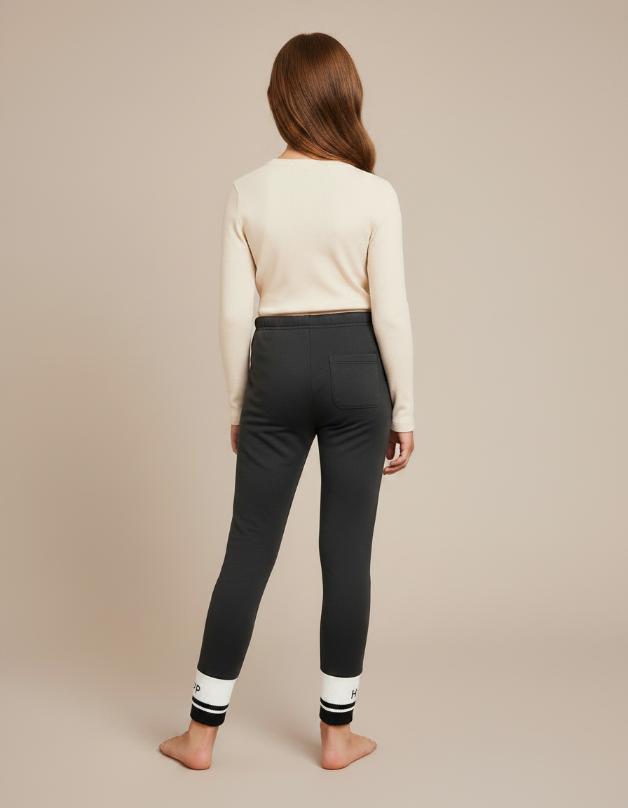 Pantalon Noir Fille Molletonné Confortable Imprimé Sportif - Gris - vue 2