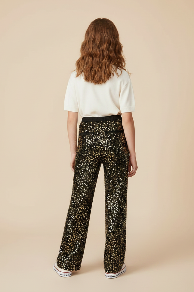 Pantalon Noir Paillettes Dorées Ample Décontracté Fille - Polyester - vue 2