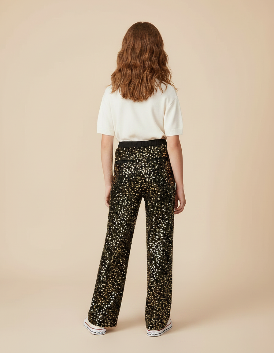 Pantalon Noir Paillettes Dorées Ample Décontracté Fille - Polyester - vue 2