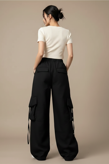 Pantalon Noir Cargo Ample Streetwear Décontracté - Toile - vue 2