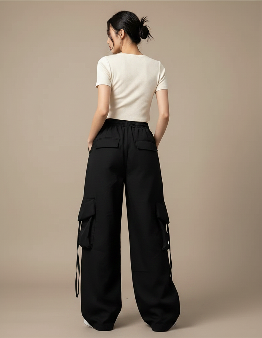 Pantalon Noir Cargo Ample Streetwear Décontracté - Toile - vue 2