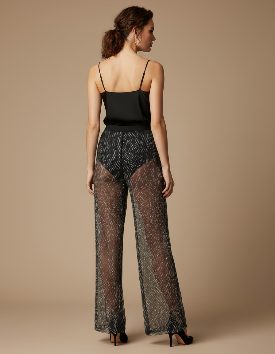 Pantalon Noir Transparent Strass Paillettes Large Femme - Maille - vue 2