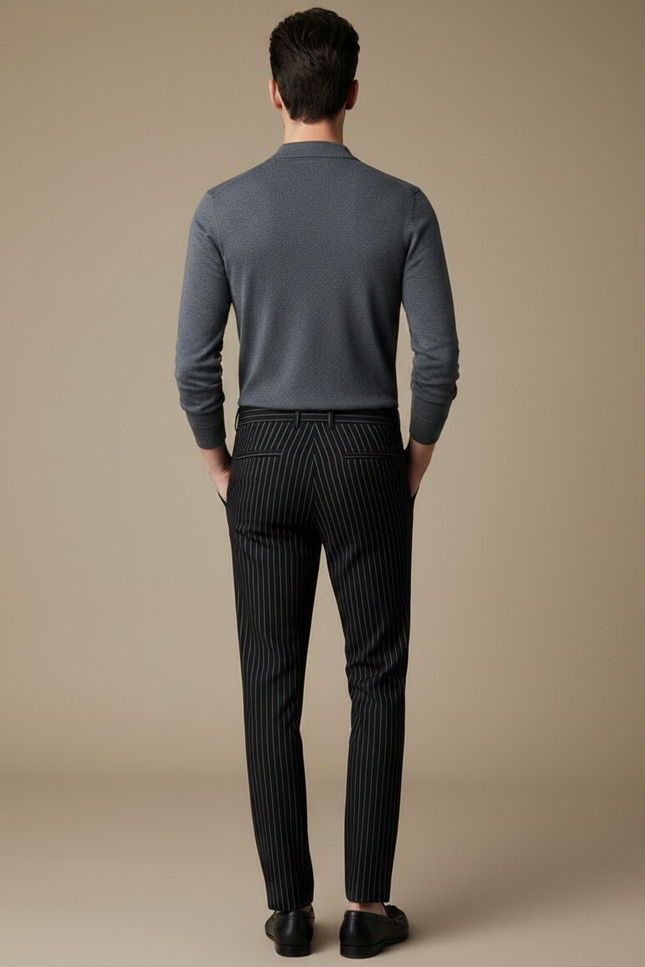 Pantalon Noir Rayé Slim Habillé Élégant Formel - Laine - vue 2