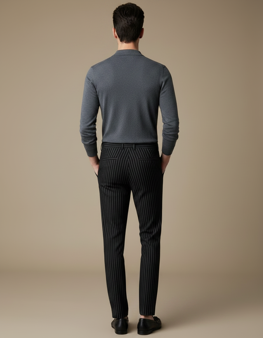 Pantalon Noir Rayé Slim Habillé Élégant Formel - Laine - vue 2