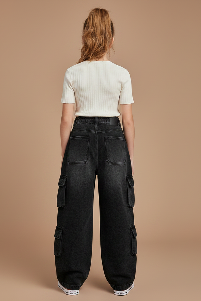 Pantalon Noir Ample Cargo Multi-Poches Fille - Jean - vue 2