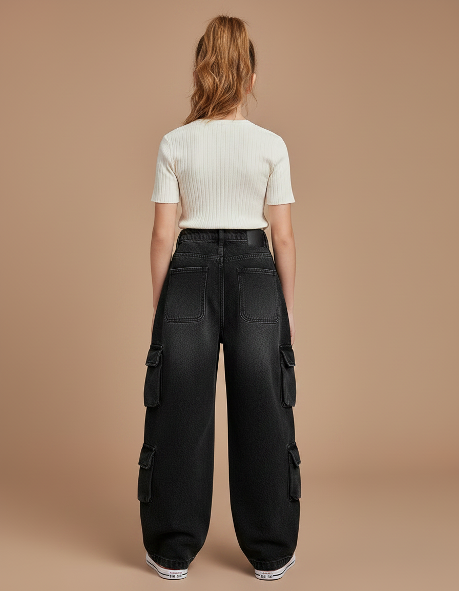 Pantalon Noir Ample Cargo Multi-Poches Fille - Jean - vue 2