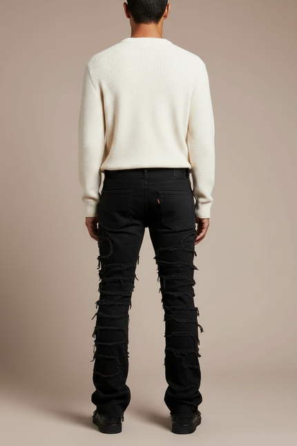 Pantalon Noir Élastique Patchwork Denim Évasé Homme - Jean - vue 2