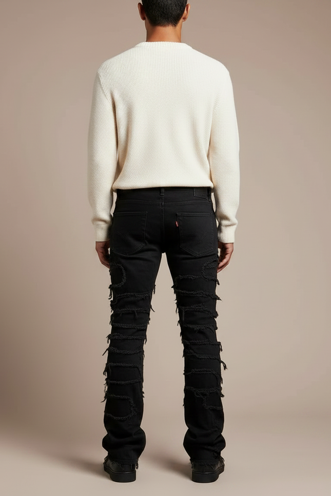 Pantalon Noir Élastique Patchwork Denim Évasé Homme - Jean - vue 2