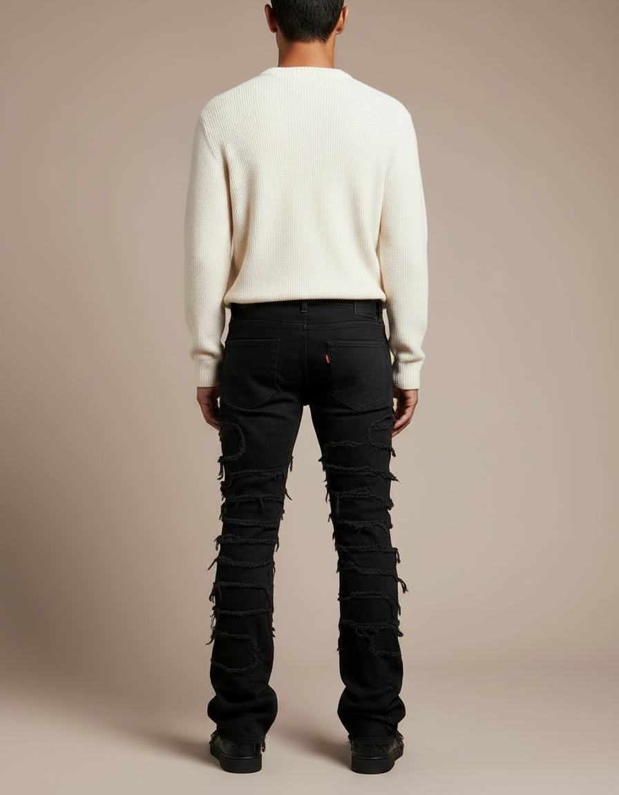 Pantalon Noir Élastique Patchwork Denim Évasé Homme - Jean - vue 2
