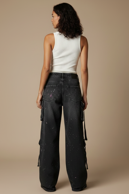 Pantalon Noir Cargo Ample Peinture Streetwear Femme - Jean - vue 2