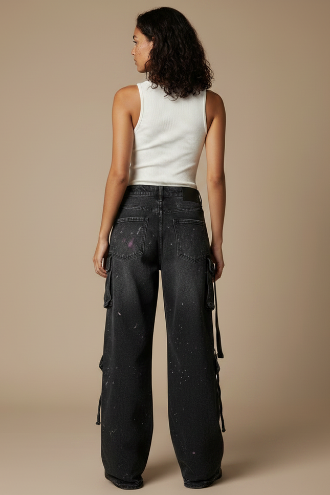 Pantalon Noir Cargo Ample Peinture Streetwear Femme - Jean - vue 2