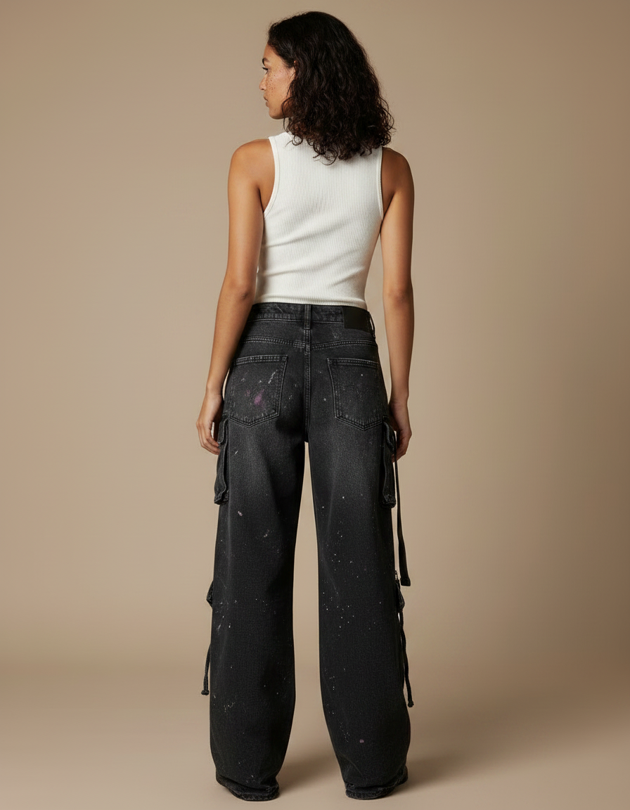 Pantalon Noir Cargo Ample Peinture Streetwear Femme - Jean - vue 2