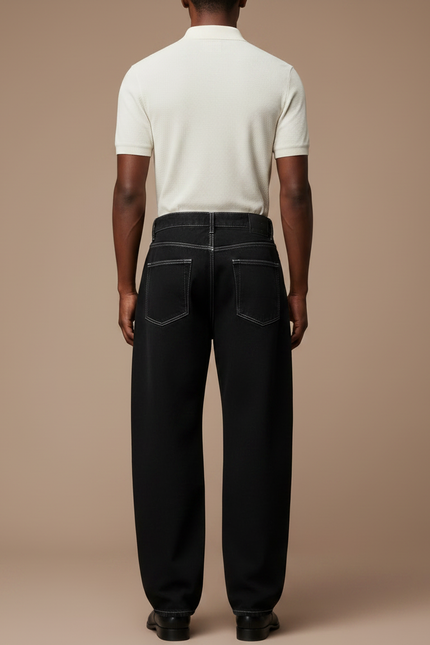Pantalon Noir Large Décontracté Coutures Contrastées Homme - Jean - vue 2
