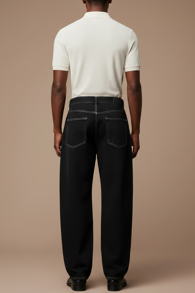 Pantalon Noir Large Décontracté Coutures Contrastées Homme - Jean - vue 2
