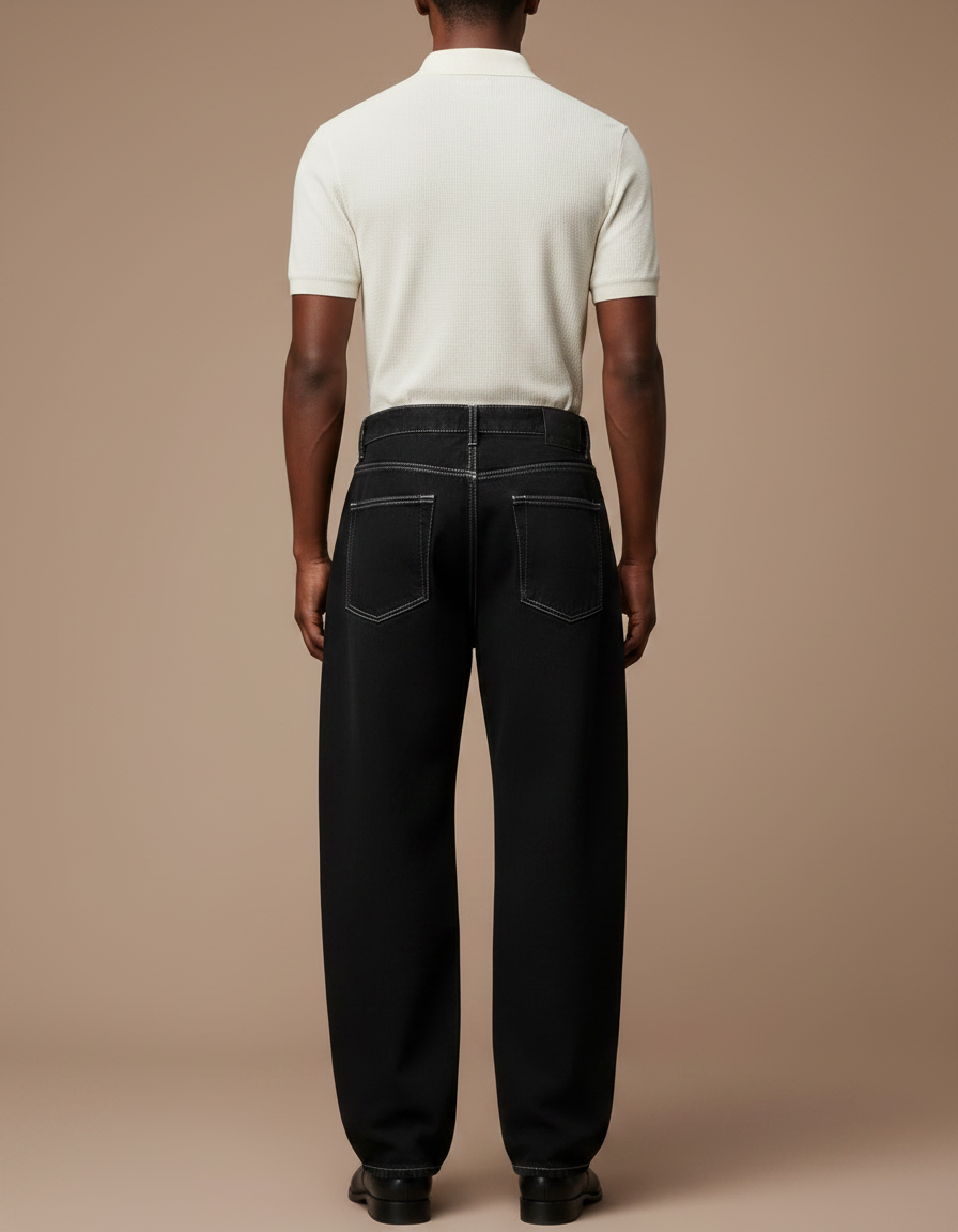 Pantalon Noir Large Décontracté Coutures Contrastées Homme - Jean - vue 2