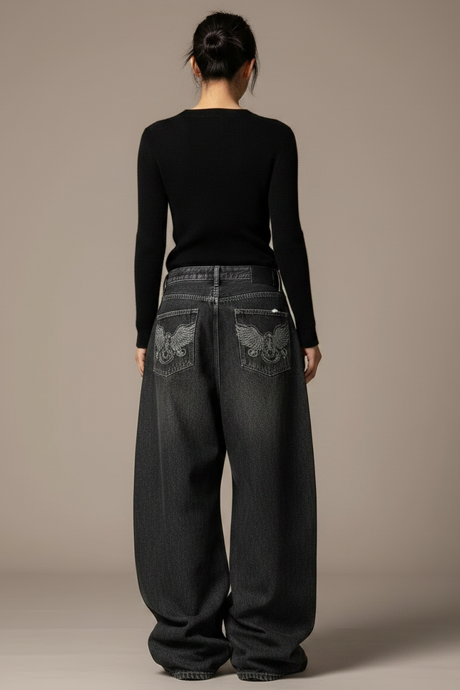 Pantalon Noir Ample Brodé Aigle Streetwear Femme - Jean - vue 2