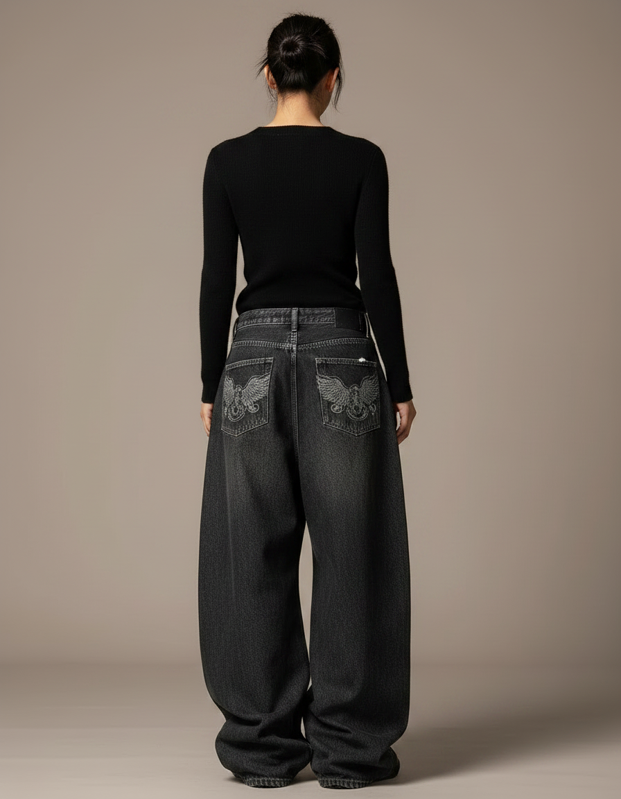 Pantalon Noir Ample Brodé Aigle Streetwear Femme - Jean - vue 2