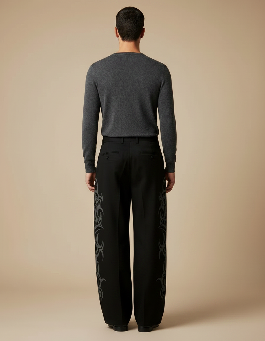 Pantalon Noir Brodé Ample Décontracté Streetwear Homme - Gabardine - vue 2