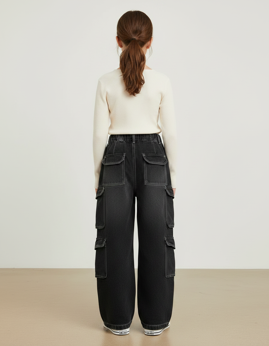 Pantalon Noir Cargo Ample Denim Multi-poches - Jean - vue 2