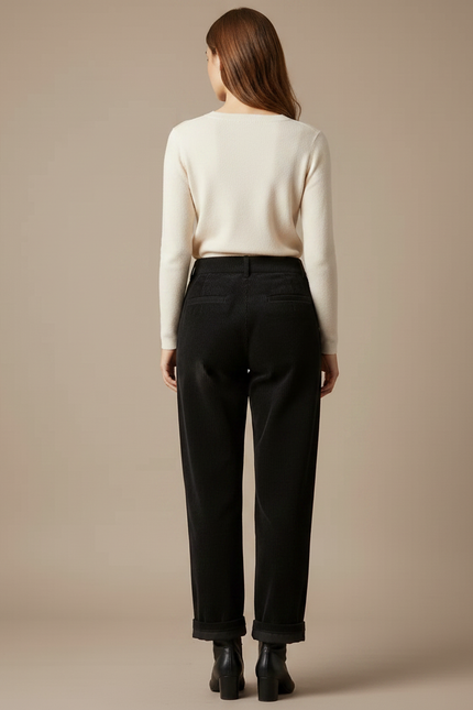Pantalon Noir Côtelé Droit Taille Haute Femme - Cordé - vue 2