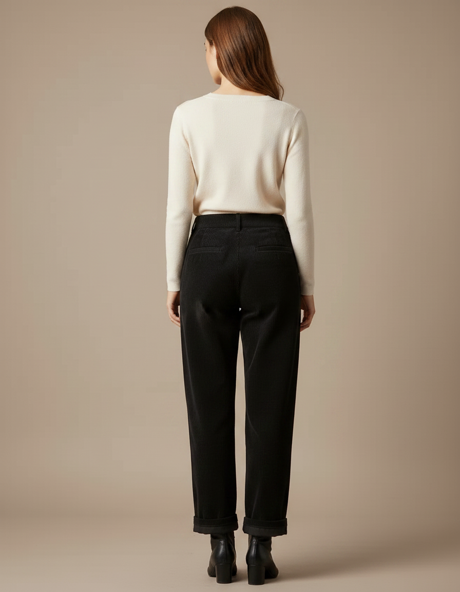 Pantalon Noir Côtelé Droit Taille Haute Femme - Cordé - vue 2