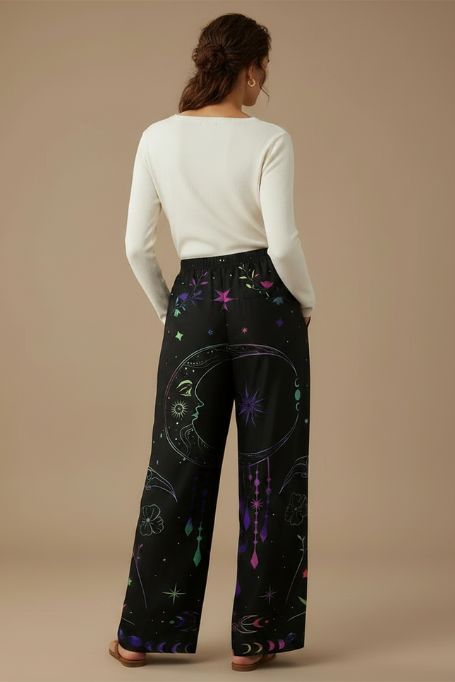 Pantalon Noir Ample Imprimé Lune Étoiles Bohème - Polyester - vue 2
