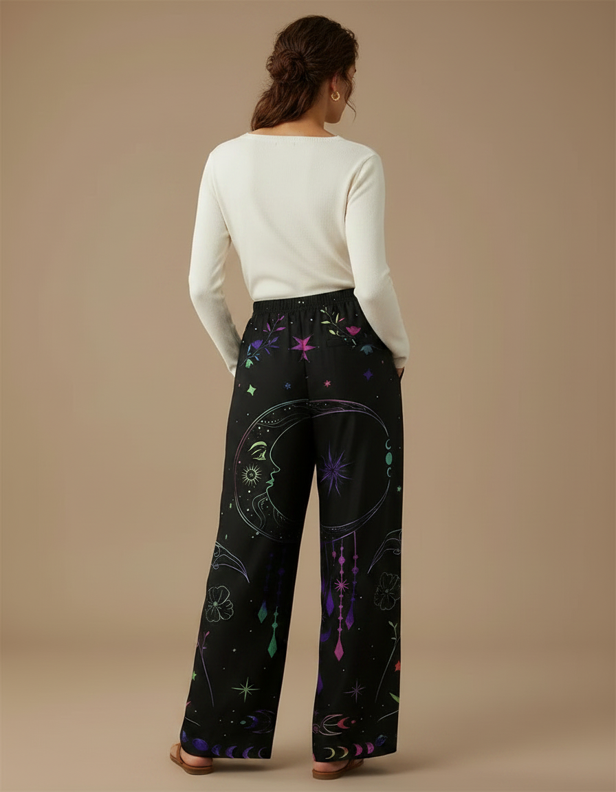 Pantalon Noir Ample Imprimé Lune Étoiles Bohème - Polyester - vue 2