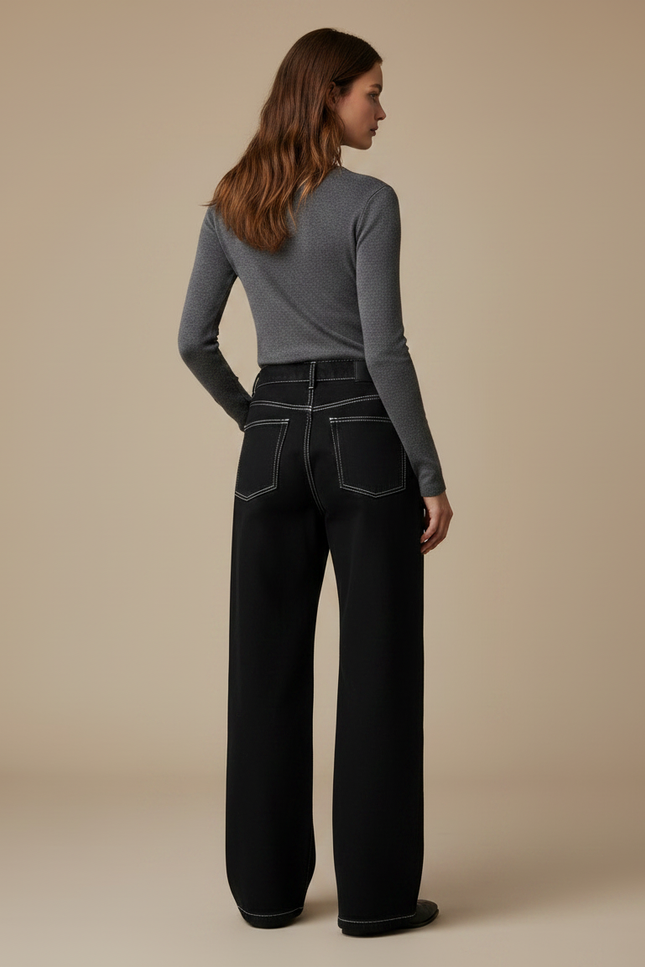 Pantalon Noir Large Brodé Crâne Streetwear Femme - Jean - vue 2