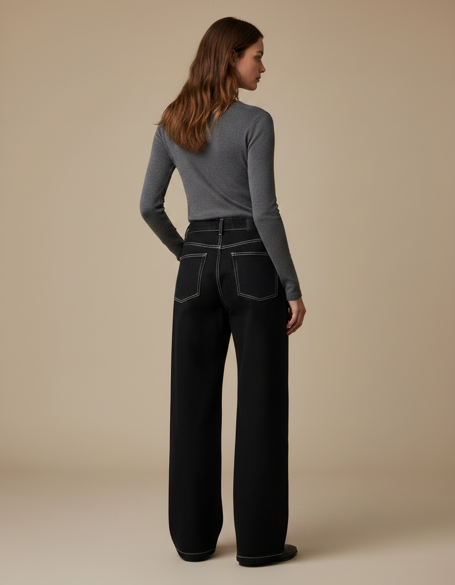 Pantalon Noir Large Brodé Crâne Streetwear Femme - Jean - vue 2