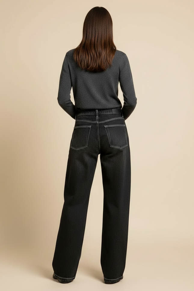 Pantalon Noir Large Denim Coutures Blanches Femme - Jean - vue 2
