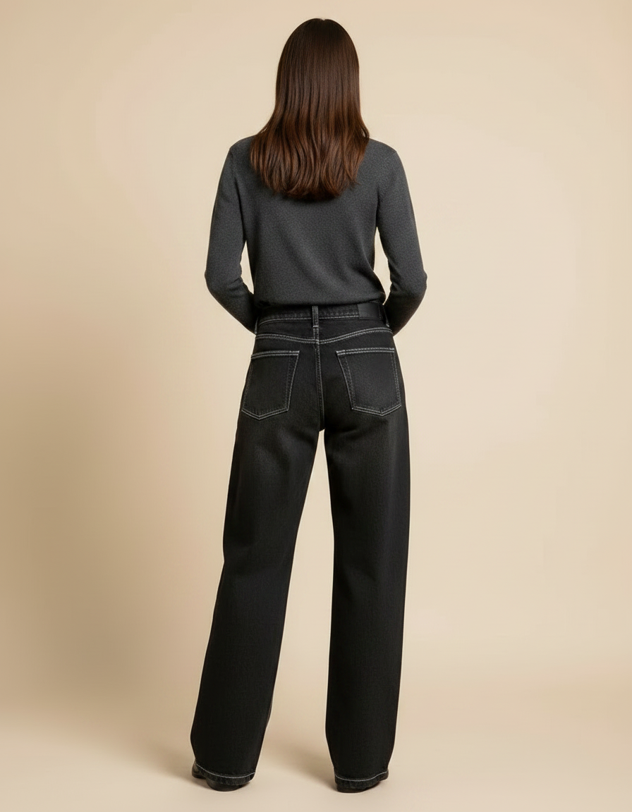 Pantalon Noir Large Denim Coutures Blanches Femme - Jean - vue 2