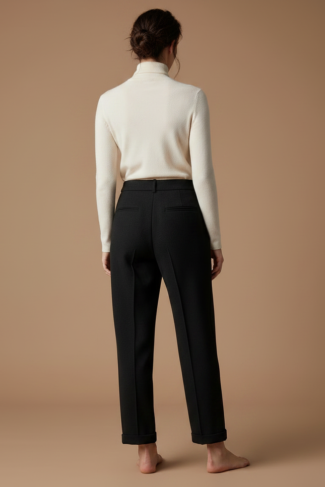 Pantalon Noir Plissé Droit Élégant Décontracté Femme - Laine - vue 2