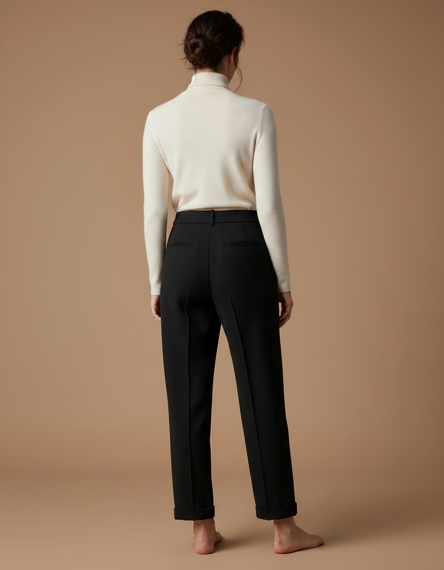 Pantalon Noir Plissé Droit Élégant Décontracté Femme - Laine - vue 2