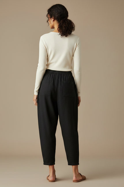 Pantalon Noir Harem Lin Décontracté Femme Cordon - vue 2