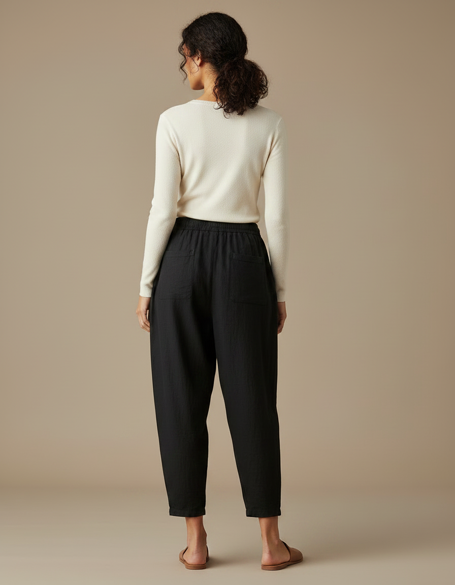Pantalon Noir Harem Lin Décontracté Femme Cordon - vue 2