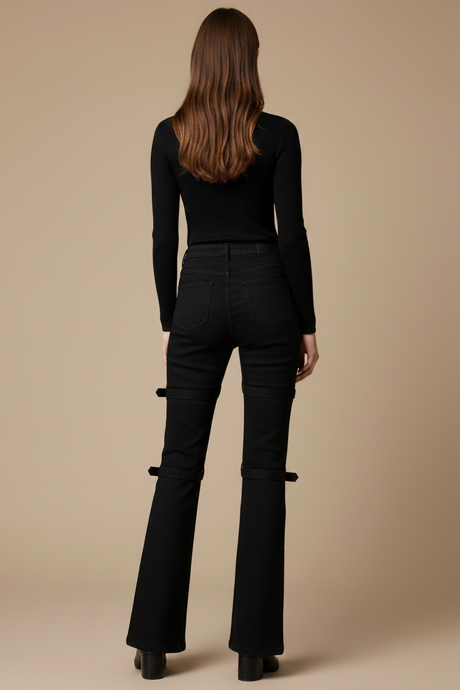 Pantalon Noir Évasé Boucles Métalliques Boutons - Jean - vue 2