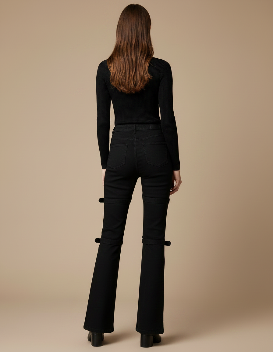 Pantalon Noir Évasé Boucles Métalliques Boutons - Jean - vue 2
