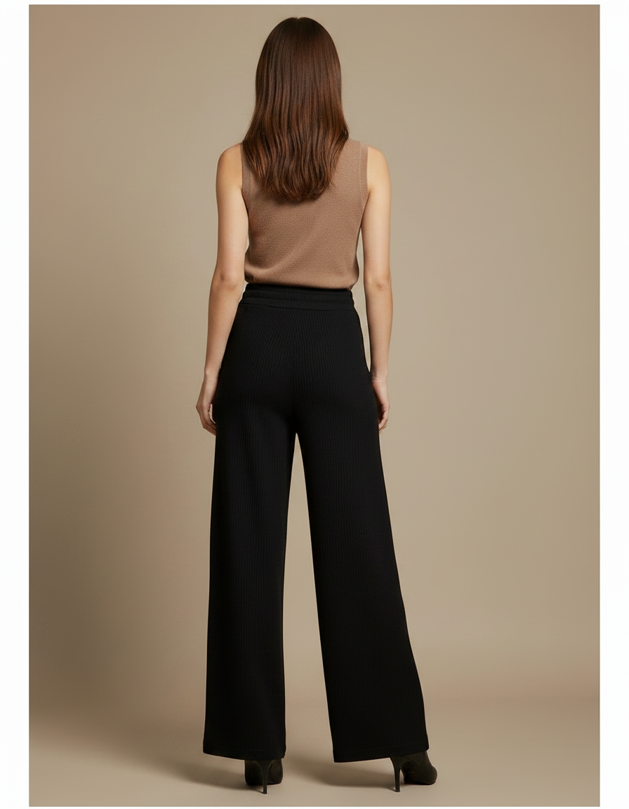 Pantalon Noir Côtelé Ample Décontracté Femme Fluide - Maille - vue 2
