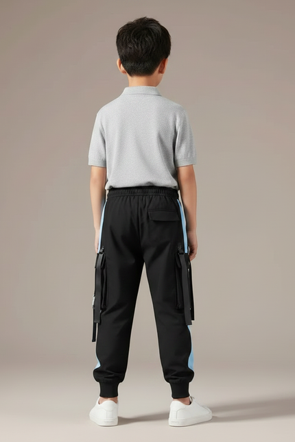 Pantalon Noir Cargo Sport Détails Bleus Décontracté Garçon - Polyester - vue 2