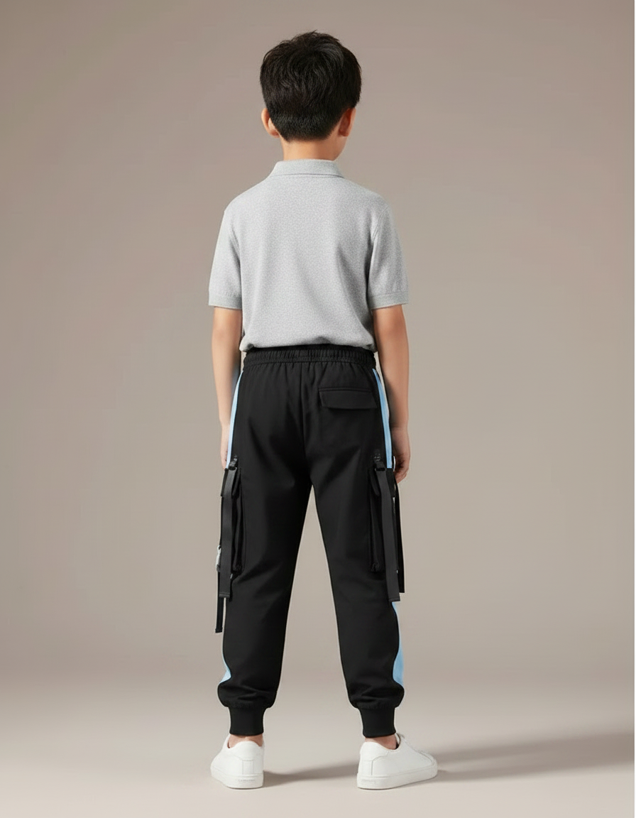 Pantalon Noir Cargo Sport Détails Bleus Décontracté Garçon - Polyester - vue 2